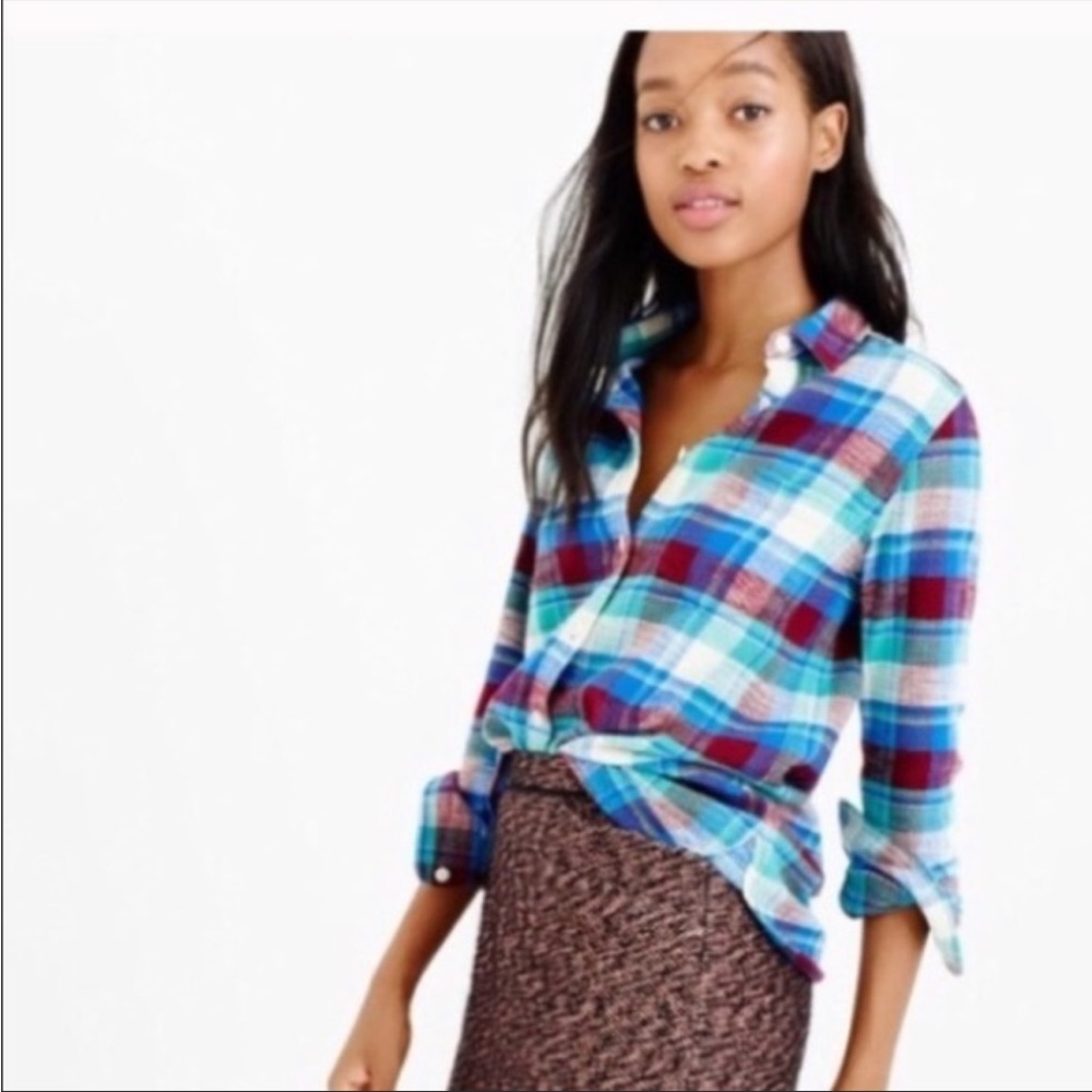 J Crew Shrunken Boy Shirt in Gemstone Plaid Size 2 Flannel Button Down